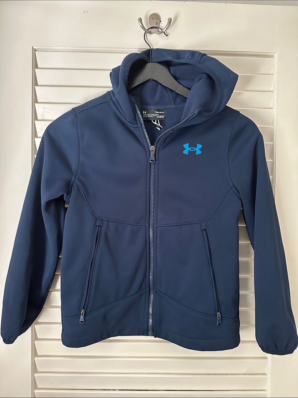 Under Armour Boys Navy Hooded Softshell Jacket with Teal Logo